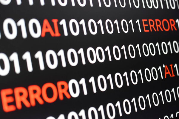Изображение содержит строки двоичного кода со словами "ERROR" в красном и "AI" в зеленом. Контраст цветов указывает на технологические проблемы (ошибки) наряду с достижениями в области искусственного интеллекта 