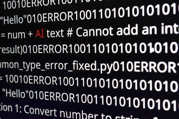 Крупный план экрана компьютера, отображающего сообщения об ошибках красным текстом в строках кода программирования. Изображение представляет собой программный баг или проблему кодирования, часто встречающуюся при разработке искусственного интеллекта (ИИ), и машинного обучения.