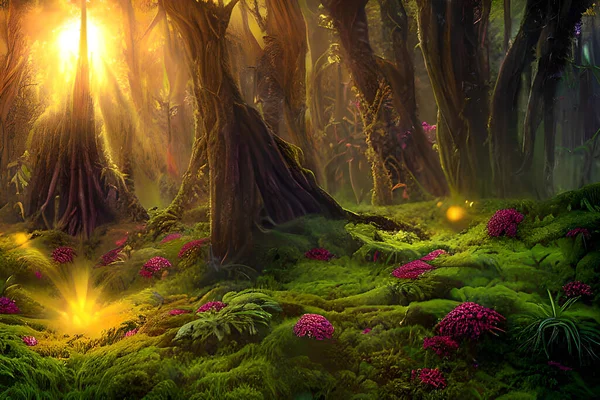 ドーンズ エンチャント は幻想的な風景の魅惑的なイラストレーター風のイメージです 緑豊かな森の中で 高くそびえる生物発光の木々が柔らかくエーテルの光を放ちます 地面は苔と野生動物の鮮やかなカーペットで覆われています — ストック写真