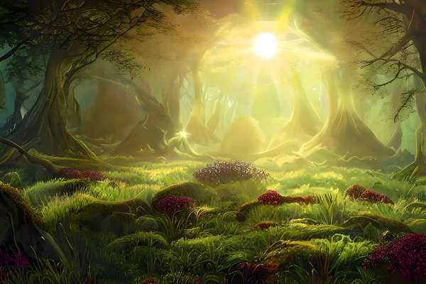Dawn Enchantment Czarujący Ilustratorski Obraz Fantastycznego Krajobrazu Scena Rozgrywa Się — Zdjęcie stockowe