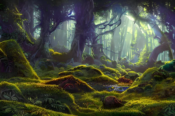 黎明的迷人 是一个迷人的插画风格的幻想景观图像 场景设定在一片茂密的森林中 高大的生物发光树发出柔和的 飘逸的光芒 地面上铺着生机勃勃的苔藓和野花地毯 — 图库照片