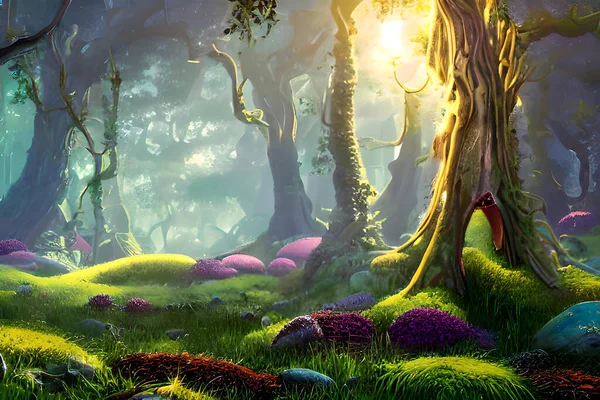 ドーンズ エンチャント は幻想的な風景の魅惑的なイラストレーター風のイメージです 緑豊かな森の中で 高くそびえる生物発光の木々が柔らかくエーテルの光を放ちます 地面は苔と野生動物の鮮やかなカーペットで覆われています ストック画像