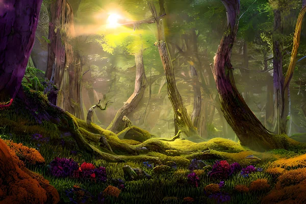 ドーンズ エンチャント は幻想的な風景の魅惑的なイラストレーター風のイメージです 緑豊かな森の中で 高くそびえる生物発光の木々が柔らかくエーテルの光を放ちます 地面は苔と野生動物の鮮やかなカーペットで覆われています ストック写真