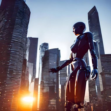 Fütürist bir robot kadın, gün batımında parlak metalik gövdesi, parıldayan LED ışıkları ve görünen metal eklemleriyle güvenli bir şekilde şehrin siluetine karşı duruyor. Güç ve kararlılık yayıyor, dayanıklılığı ve ileri teknolojiyi somutlaştırıyor..