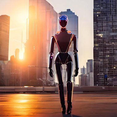 Fütürist bir robot kadın, gün batımında parlak metalik gövdesi, parıldayan LED ışıkları ve görünen metal eklemleriyle güvenli bir şekilde şehrin siluetine karşı duruyor. Güç ve kararlılık yayıyor, dayanıklılığı ve ileri teknolojiyi somutlaştırıyor..