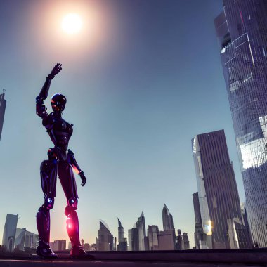 Fütürist bir robot kadın, gün batımında parlak metalik gövdesi, parıldayan LED ışıkları ve görünen metal eklemleriyle güvenli bir şekilde şehrin siluetine karşı duruyor. Güç ve kararlılık yayıyor, dayanıklılığı ve ileri teknolojiyi somutlaştırıyor..