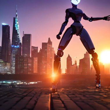 Fütürist bir robot kadın, gün batımında parlak metalik gövdesi, parıldayan LED ışıkları ve görünen metal eklemleriyle güvenli bir şekilde şehrin siluetine karşı duruyor. Güç ve kararlılık yayıyor, dayanıklılığı ve ileri teknolojiyi somutlaştırıyor..