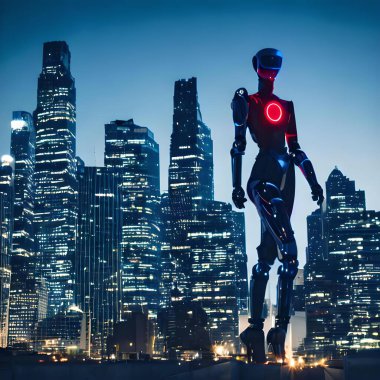 Fütürist bir robot kadın, gün batımında parlak metalik gövdesi, parıldayan LED ışıkları ve görünen metal eklemleriyle güvenli bir şekilde şehrin siluetine karşı duruyor. Güç ve kararlılık yayıyor, dayanıklılığı ve ileri teknolojiyi somutlaştırıyor..
