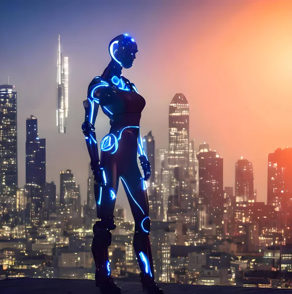 A futuristic robot woman stands confidently against a city skyline at sunset, with sleek metallic body, glowing LED lights, and visible metal joints. She exudes strength and determination, embodying resilience and cutting-edge technology.