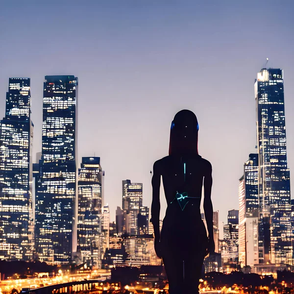 A futuristic robot woman stands confidently against a city skyline at sunset, with sleek metallic body, glowing LED lights, and visible metal joints. She exudes strength and determination, embodying resilience and cutting-edge technology.