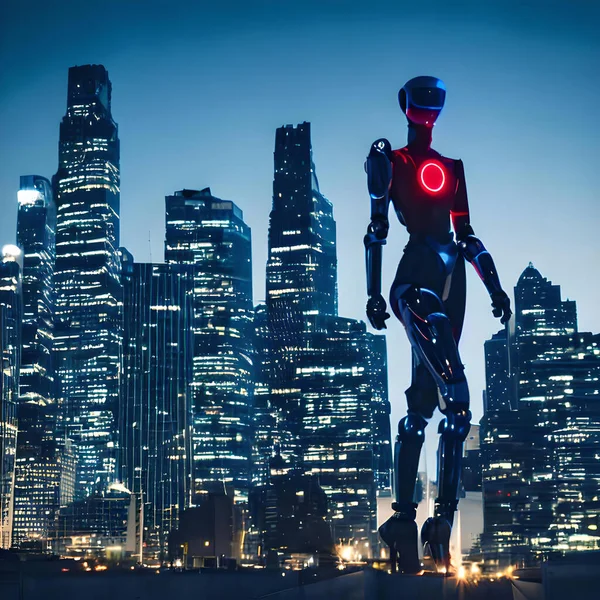 Fütürist bir robot kadın, gün batımında parlak metalik gövdesi, parıldayan LED ışıkları ve görünen metal eklemleriyle güvenli bir şekilde şehrin siluetine karşı duruyor. Güç ve kararlılık yayıyor, dayanıklılığı ve ileri teknolojiyi somutlaştırıyor..