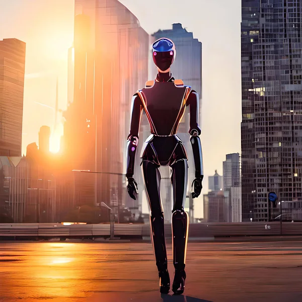 Uma Mulher Robô Futurista Está Confiante Contra Horizonte Cidade Pôr Imagens Royalty-Free