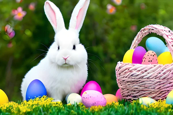カラフルなイースターエッグと春の花に囲まれたふわふわのウサギの喜びの写真は 純粋な幸福と喜びを表現しています 幸せなウサギの本質を捉えるのに最適です イースターお祝い ロイヤリティフリーのストック写真