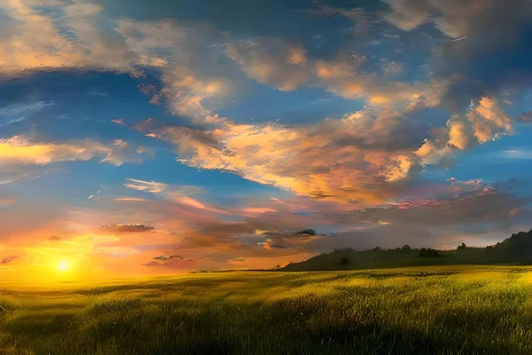 Peaceful Meadow Atop Hill Aglow Warm Colors Sunset Tall Grasses — Stock Photo, Image