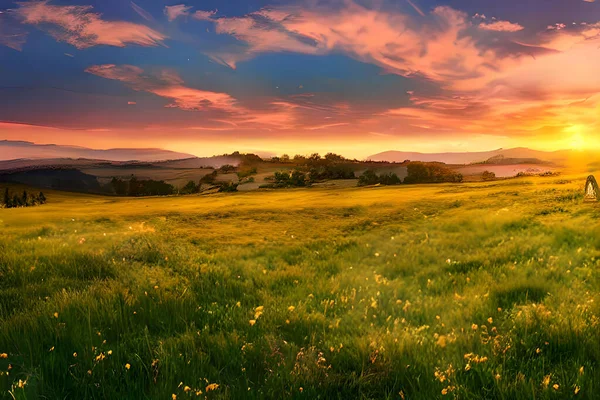 Een Vredige Weide Bovenop Een Heuvel Stralend Met Warme Kleuren — Stockfoto