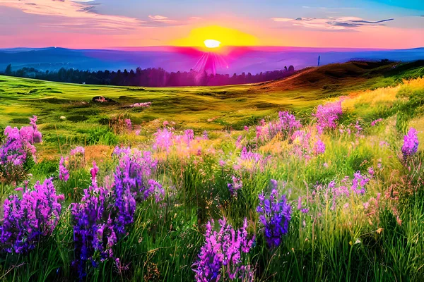 山顶上的一片宁静的草地 闪烁着温暖的落日的光芒 四周长满了青草 野花和起伏的小山 营造出一种宁静而风景如画的乡村氛围 — 图库照片
