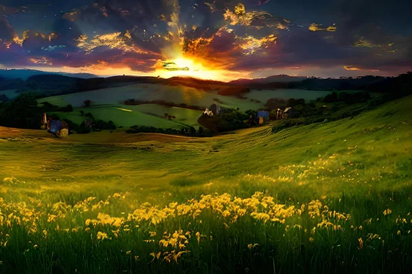 Spokojna Łąka Szczycie Wzgórza Świeci Ciepłą Kolorystyką Zachodu Słońca Wysokie — Zdjęcie stockowe
