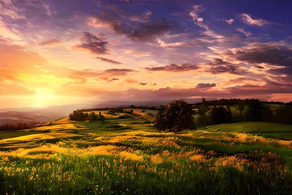 Спокійний Луг Пагорбі Теплими Кольорами Заходу Сонця Високі Трави Польові — стокове фото