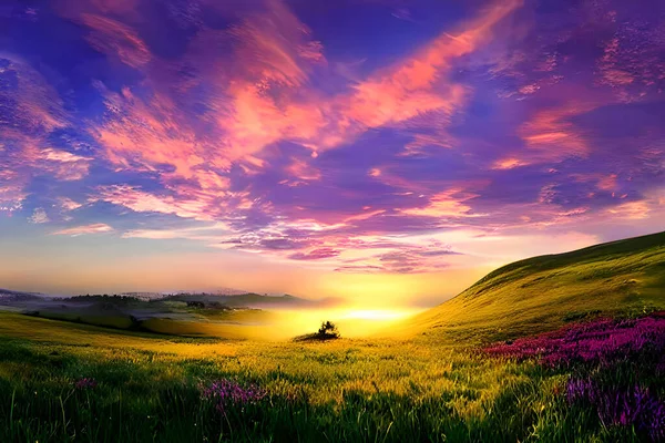 Klidná Louka Vrcholku Kopce Zářící Teplými Barvami Západu Slunce Vysoké — Stock fotografie