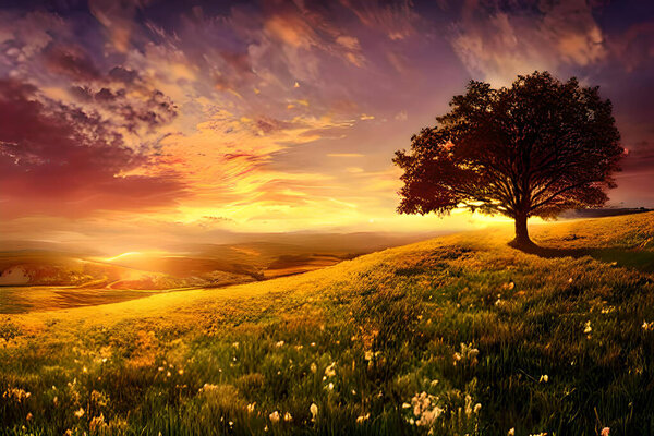 A peaceful meadow atop a hill, aglow with the warm colors of a sunset. Tall grasses, wildflowers, and rolling hills surround the scene, creating a serene and picturesque countryside ambiance.