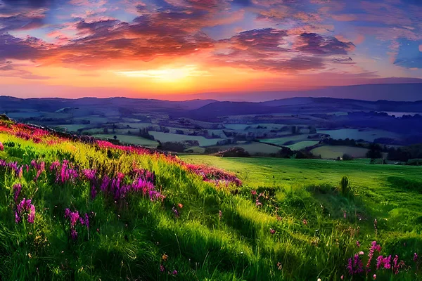 丘の上の静かな牧草地は 夕日の暖かい色で輝いています 背の高い草や野の花 丘陵が景色を囲み 静かで絵になる田舎の雰囲気を作り出しています ストック画像