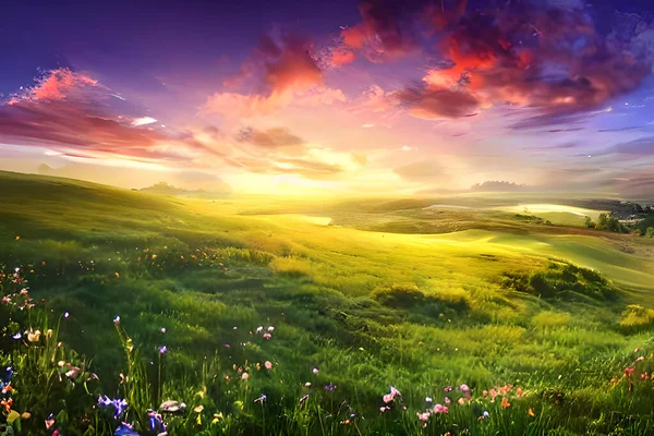 丘の上の静かな牧草地は 夕日の暖かい色で輝いています 背の高い草や野の花 丘陵が景色を囲み 静かで絵になる田舎の雰囲気を作り出しています ストックフォト