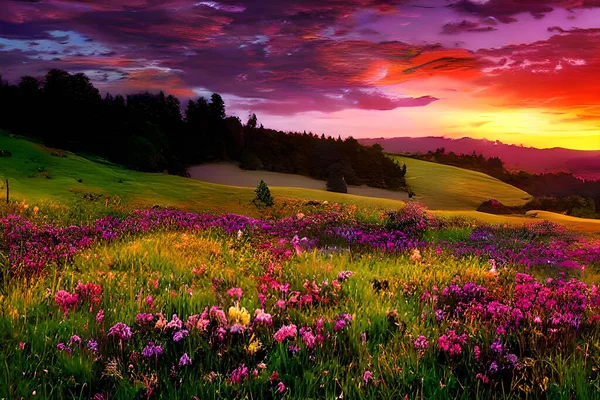 丘の上の静かな牧草地は 夕日の暖かい色で輝いています 背の高い草や野の花 丘陵が景色を囲み 静かで絵になる田舎の雰囲気を作り出しています ロイヤリティフリーのストック写真