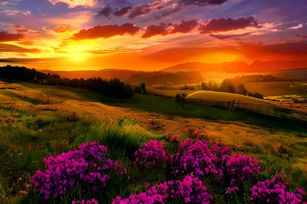 丘の上の静かな牧草地は 夕日の暖かい色で輝いています 背の高い草や野の花 丘陵が景色を囲み 静かで絵になる田舎の雰囲気を作り出しています ロイヤリティフリーのストック画像