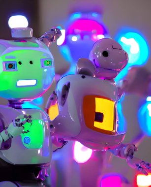 Bu yakın plan fotoğraf bir robotun iç çalışmalarını yakalar, renkli ışıklarla bir modül ortaya çıkarır ve duygularını kontrol eden görüntüler sunar. Robotun duygularına güç veren ileri teknolojinin karmaşık devre ve geleceksel tasarım ipuçları