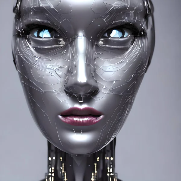 A close-up of a robot woman's face with realistic human-like features, including expressive eyes and lips, but with subtle mechanical elements such as circuitry lines and metallic texture. Her enigmatic expression and captivating appearance blur the