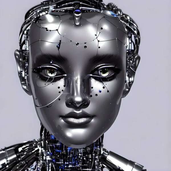 机器人女性面部的特写 具有逼真的人形特征 包括富有表现力的眼睛和嘴唇 但具有微妙的机械元素 如线条和金属质感 她令人费解的表情和迷人的外表模糊了 — 图库照片