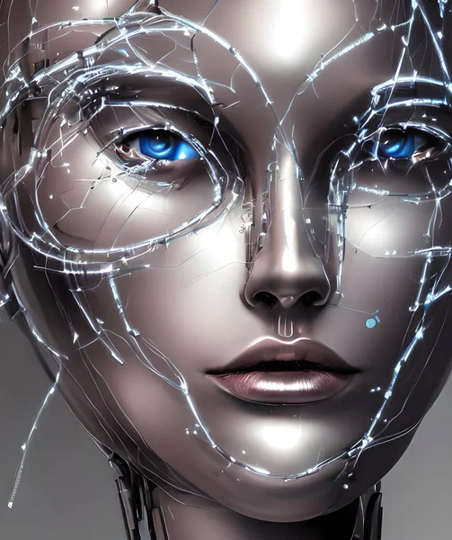 Robot bir kadının gerçekçi insan özelliklerine sahip, etkileyici gözler ve dudaklar dahil, ama devre çizgileri ve metalik doku gibi ince mekanik elementlerle yakın plan bir görüntüsü. Onun esrarengiz ifadesi ve büyüleyici görünüşü bulanıklaştırıyor 