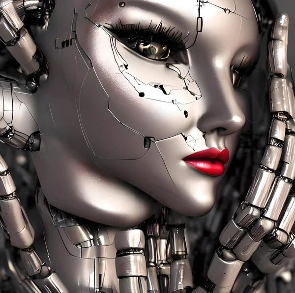 A close-up of a robot woman\'s face with realistic human-like features, including expressive eyes and lips, but with subtle mechanical elements such as circuitry lines and metallic texture. Her enigmatic expression and captivating appearance blur the