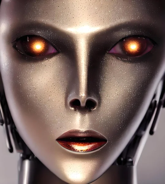 机器人女性面部的特写 具有逼真的人形特征 包括富有表现力的眼睛和嘴唇 但具有微妙的机械元素 如线条和金属质感 她令人费解的表情和迷人的外表模糊了 — 图库照片