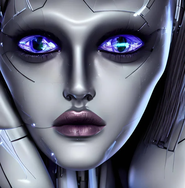 A close-up of a robot woman\'s face with realistic human-like features, including expressive eyes and lips, but with subtle mechanical elements such as circuitry lines and metallic texture. Her enigmatic expression and captivating appearance blur the