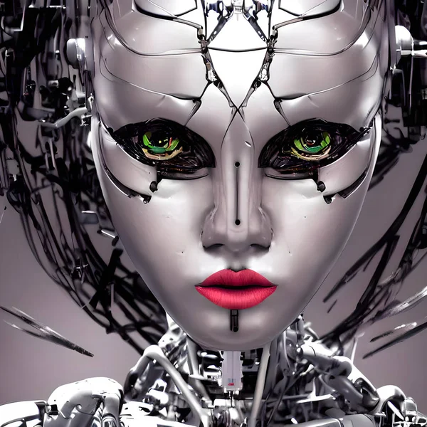 表情豊かな目や唇などのリアルな人間のような特徴を持つロボットの女性の顔のクローズアップですが 回路線や金属の質感などの微妙な機械的要素を持ちます 彼女の謎めいた表情と魅惑的な外観は ストックフォト