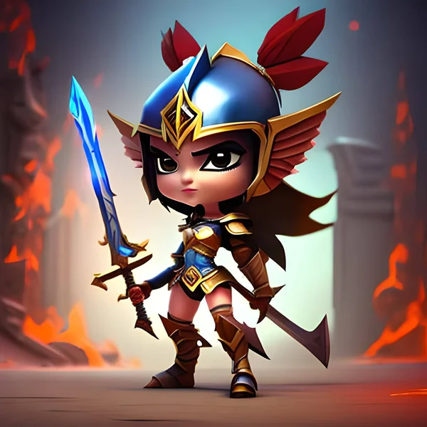 Eine Zeichentrickfigur Eines Kriegermädchens Mit Anthropomorpher Erscheinung Großen Augen Und Stockbild