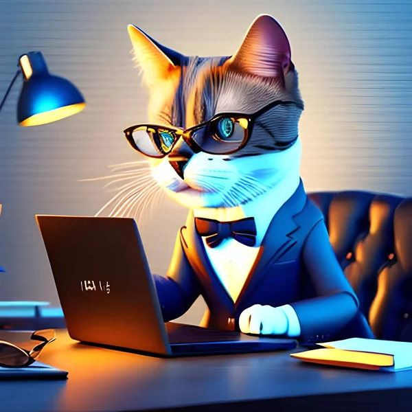 ガラスとスタイリッシュなスーツを身に着けている愛らしい3D漫画の猫は 自信を持ってビジネス事務を管理し ラップトップ付きの机に座っています 可愛らしさとプロフェッショナリズムの完璧なブレンド この擬人化された猫は技術に精通した猫のCeoの縮図です ロイヤリティフリーのストック画像
