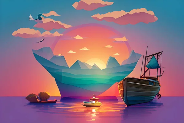 Step into a retro aesthetic world with pastel tetradic colors, as a cute and quirky character sets sail in a low-poly boat through a river at sunset. this digital painting features watercolor effects, and bokeh, with soft lighting. The bird's-eye vie
