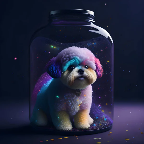 Ein Surreales Porträt Eines Kleinen Hundes Einer Galaxienumgebung Umgeben Von Stockbild