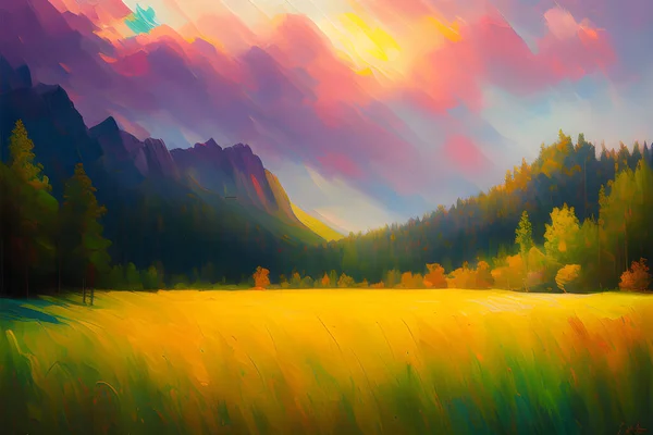 Son derece detaylı, temiz ve karmaşık simetrik bir manzaranın parlayan bir güneşle aydınlatıldığı bir yağlı boya tablo. Fantezi sanatı doğada çarpıcı bir detay ve yüksek kaliteli bir konsept sanatla huzurlu bir anı yakalar..