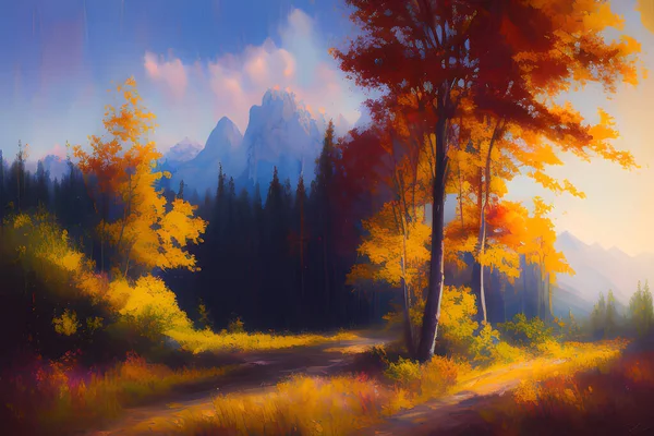 An oil painting featuring a highly detailed, clean and intricate symmetrical landscape back lit by a glowing sun. The fantasy art captures a serene moment in nature with stunning detail and high quality concept art.