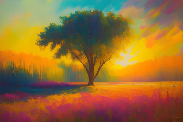 An oil painting featuring a highly detailed, clean and intricate symmetrical landscape back lit by a glowing sun. The fantasy art captures a serene moment in nature with stunning detail and high quality concept art.