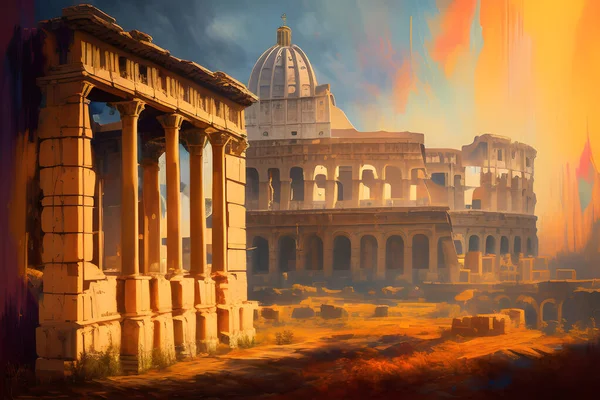 Oljemålning Fångar Den Romerska Arkitekturens Majestät Livfulla Detaljer Kolonner Valv — Stockfoto