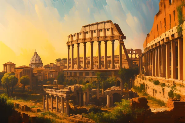 ローマ建築の威厳を捉えた油彩画 柱やアーチ ドームなどの細部が鮮やかで迫力ある芸術作品を生み出しています ロイヤリティフリーのストック画像