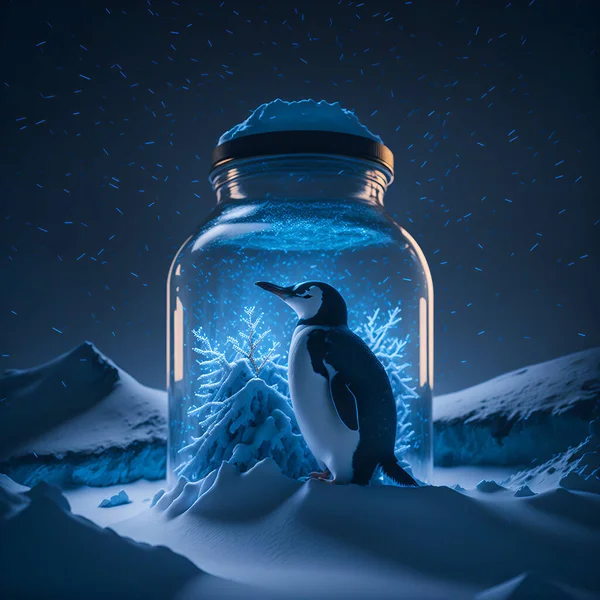 Pinguim Olha Para Fora Frasco Meio Uma Paisagem Nevada Lembrete — Fotografia de Stock