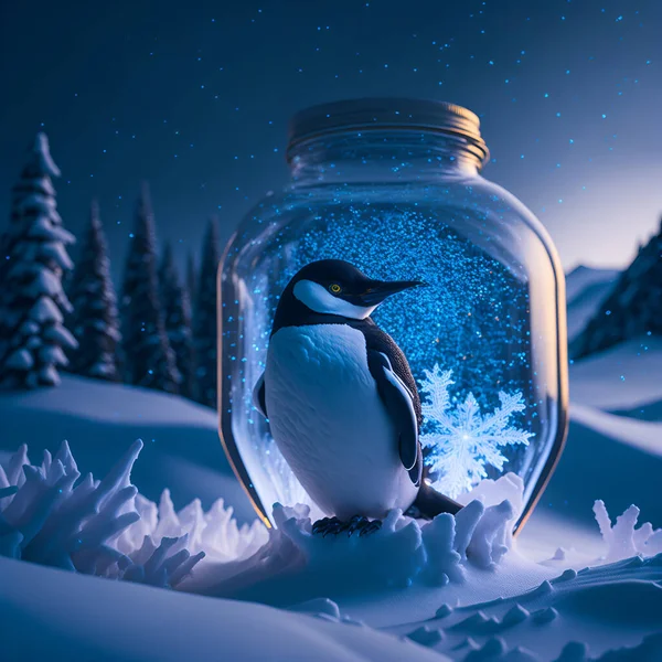 Pingüino Mira Desde Frasco Medio Paisaje Nevado Recordatorio Fragilidad Vida — Foto de Stock
