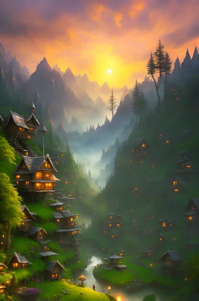 Magical Valley Nestled Mountains Breathtaking Sunset Backdrop Charming Treehouses Scattered — Stock Photo, Image