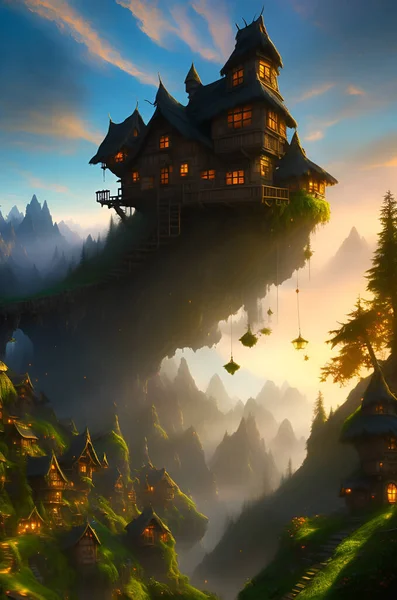 山に囲まれた魔法の谷で 息をのむような日没の背景と魅力的な木の家があちこちに散在しています — ストック写真