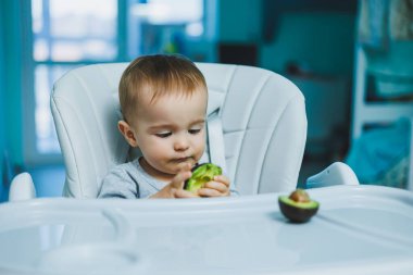 Küçük sevimli bebek avokado yiyor. Küçük çocuklar için vitamin ve sağlıklı yiyecekler. 8 aylık güzel bir çocuğun portresi